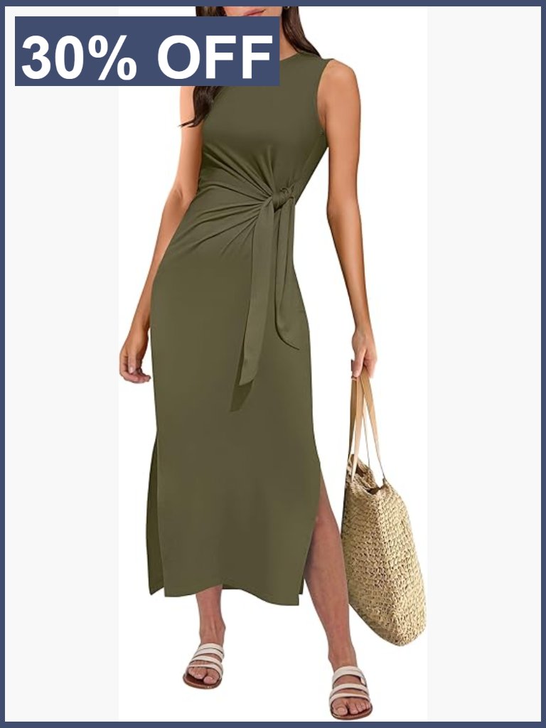 Slim Fit Tie Waist Split Tank Midi Dress Sleeveless Vacation